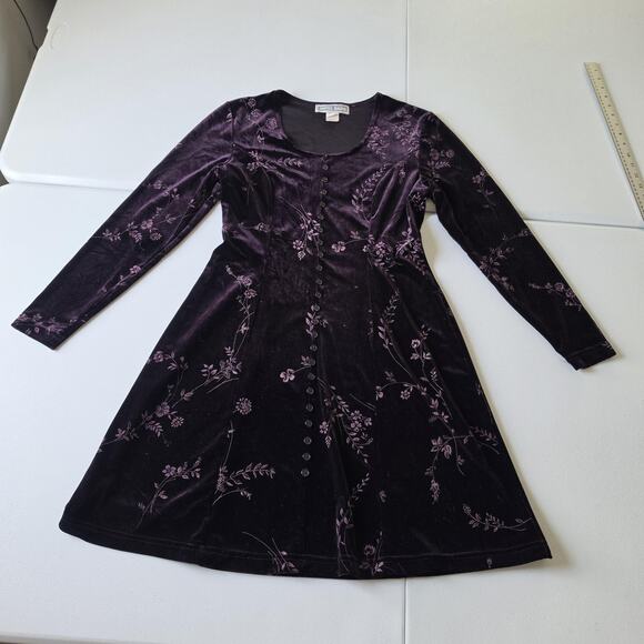 dressbarn Dresses & Skirts - 90s Y2K Whimsigoth Fairy Grunge Dress Womens 6 Purple Velvet Floral Fit & Flare